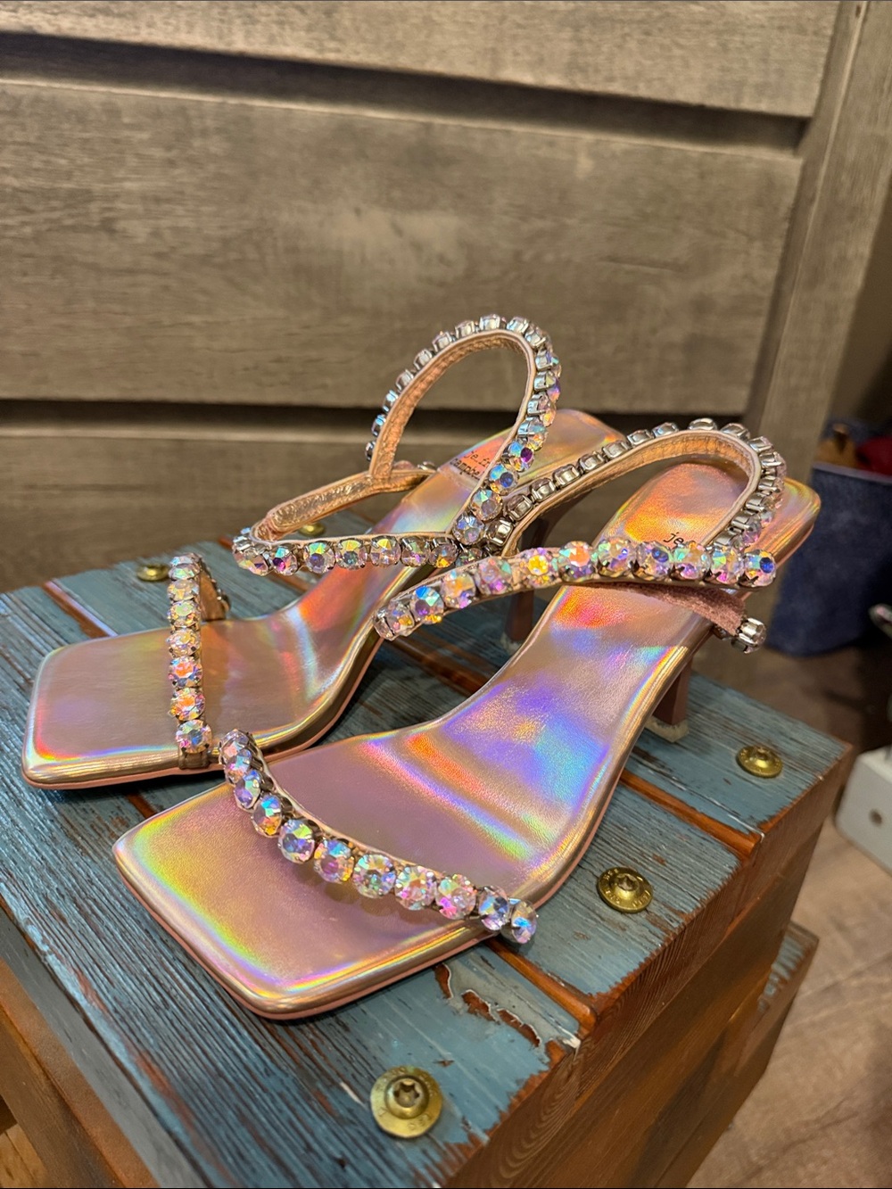 Jeffrey Campbell Iridescent Pink Crystal-Strap Heels